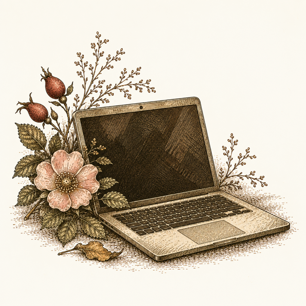 Ink and Watercolor Laptop with Flower arrangement, AI Image.